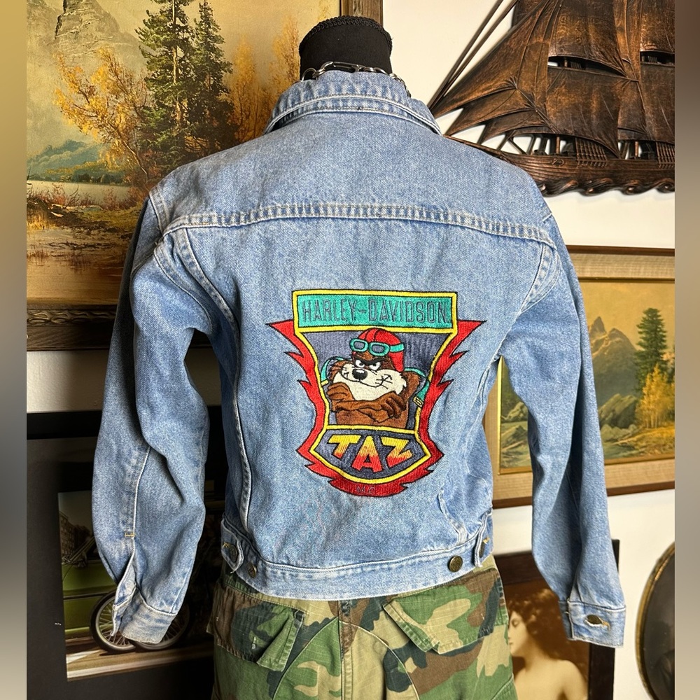 Vintage 1990s Harley-Davidson Taz Denim Jacket Acme Clothing Adult XS /Kids XL